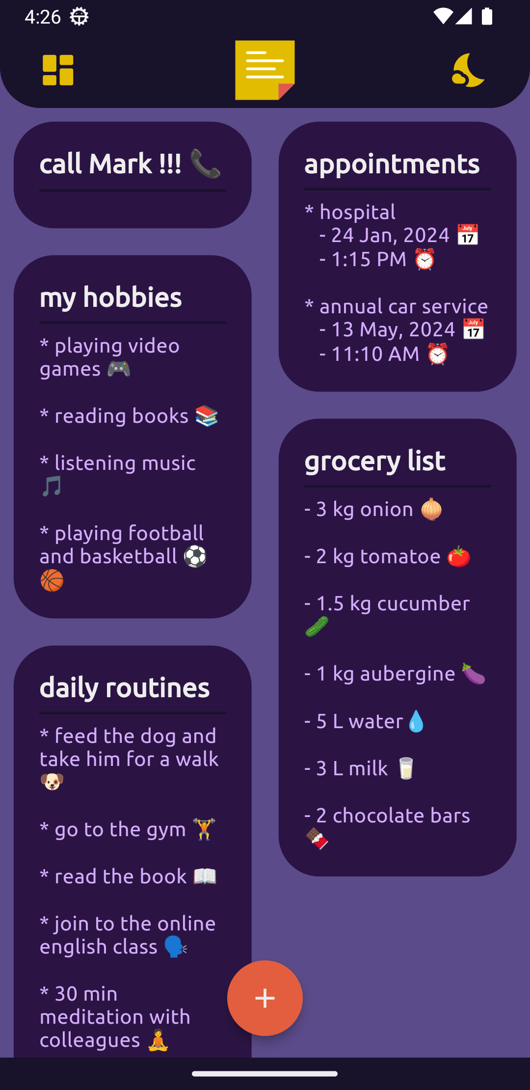 MiNote dark theme home screen